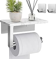 Vista 9 de Soporte de papel higiénico con estante, soporte de pared doble para papel higiénico y 2 ganchos adhesivos gratuitos para baño, baño, soporte