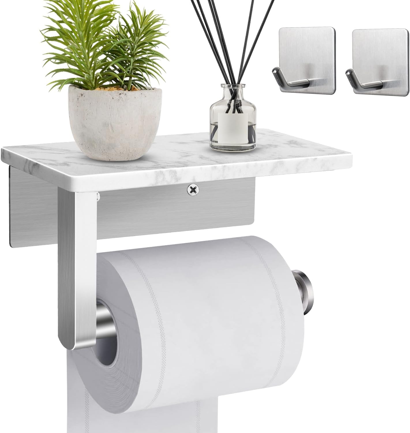 Toilet Paper Holder with Marble Shelf, SUS304 Stainless Steel Wall Mounted Toilet Paper Holder and 2 PCS Free Adhesive Hooks for Bathroom Washroom