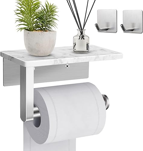 Miniatura 9 de Soporte de papel higiénico con estante, soporte de pared doble para papel higiénico y 2 ganchos adhesivos gratuitos para baño, baño, soporte