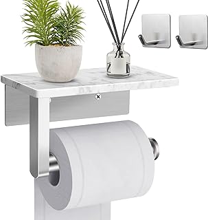 Toilet Paper Holder with Marble Shelf, SUS304 Stainless Steel Wall Mounted Toilet Paper Holder and 2PCS Adhesive Hooks for Bathroom Washroom, Marble Top Toilet Paper Holder Brushed Nickel