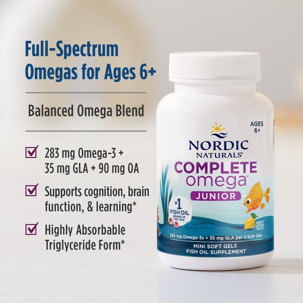 Nordic Naturals Complete Omega Jr., Lemon - 180 Mini Soft Gels - 283 mg Total Omega-3s & 35 mg GLA - Healthy Cognition, Nervous System Function - Non-GMO - 90 Servings - Image 7