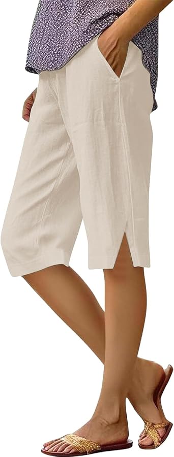 Linen Bermuda Shorts for Women Knee Length Elastic Waisted Summer Casual Side Split Beach Shorts with Pockets