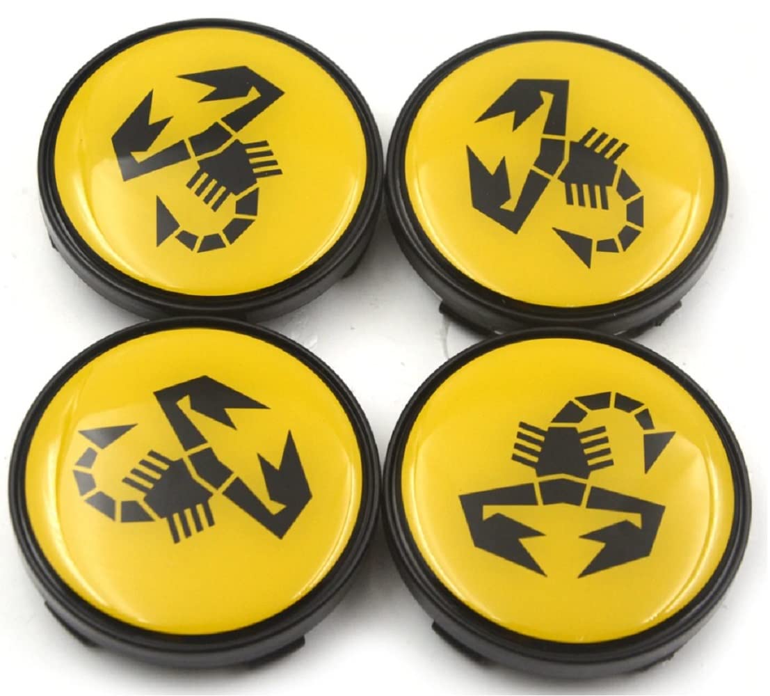 Set 4 Tappi Coprimozzo Copri Mozzo Diametro 60 mm con Scorpione Compatibili per ABARTH 500 595 695 SS GRANDE PUNTO Borchie Coppe Coppette per Cerchi in Lega Fiat Giallo Nero
