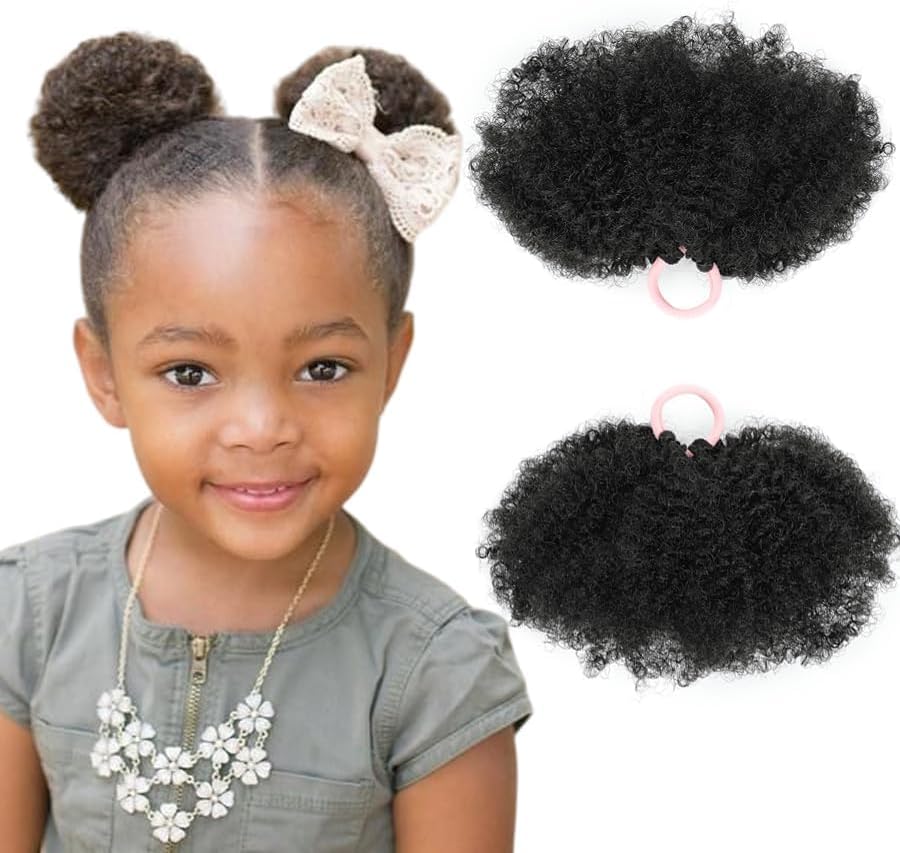 2 Packs Kid Ponytail Double Afro Puffs Kinky Curly Hair Bun For Baby Age 0-2 Natural Black Synthetic Hair (Natural Black, Afro-4inch(2pcs))