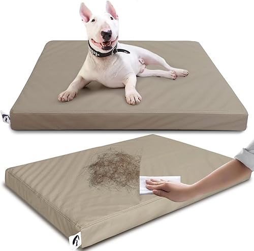 Miniatura 12 de Cama impermeable para perro para almohadilla de jaula, camas de perro resistentes al pelo marrón de cuero con fundas lavables, colchón grande fácil