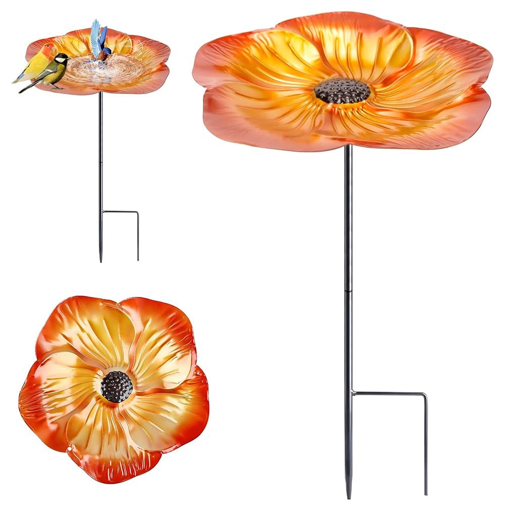 Abreuvoir Oiseaux Exterieur sur Pied Fer Forme Fleur 52CM Marron Doré