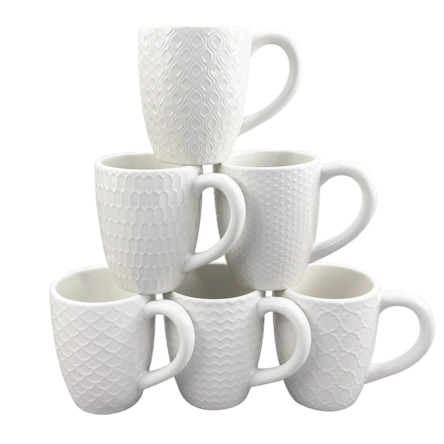 Schliersee 12 OZ White Ceramic Coffee Mugs set of 6, Stylish Embossed Coffee Cups Set for Coffee, Tea, Milk, Cocoa, Cereal