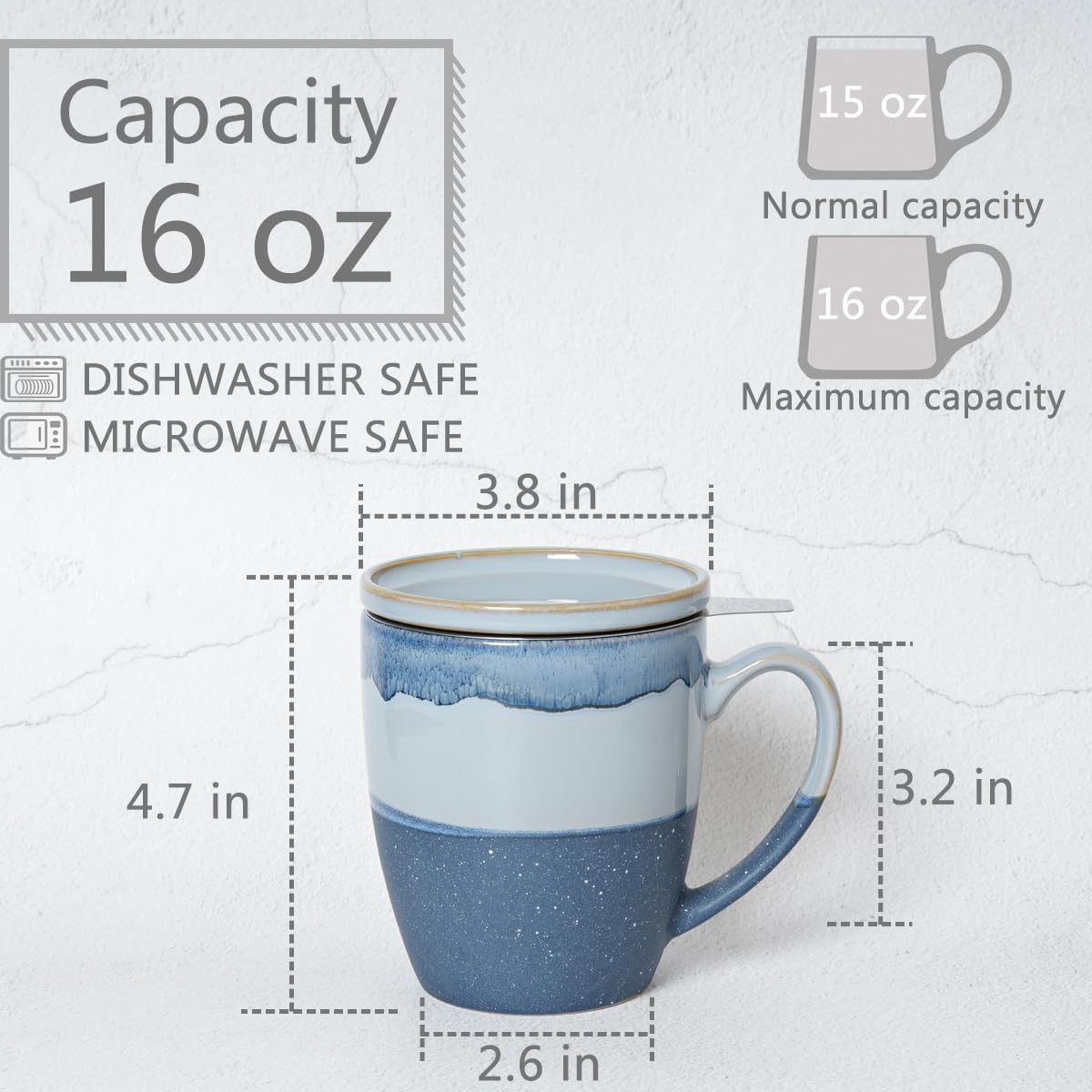 Bosmarlin Ceramic Tea Cup with Infuser and Lid, 16 Oz, 4 Colors to Choose, Dishwasher and Microwave Safe, Steeping Tea Mug with Strainer, Reactive Glaze, (Blue) - Image 2