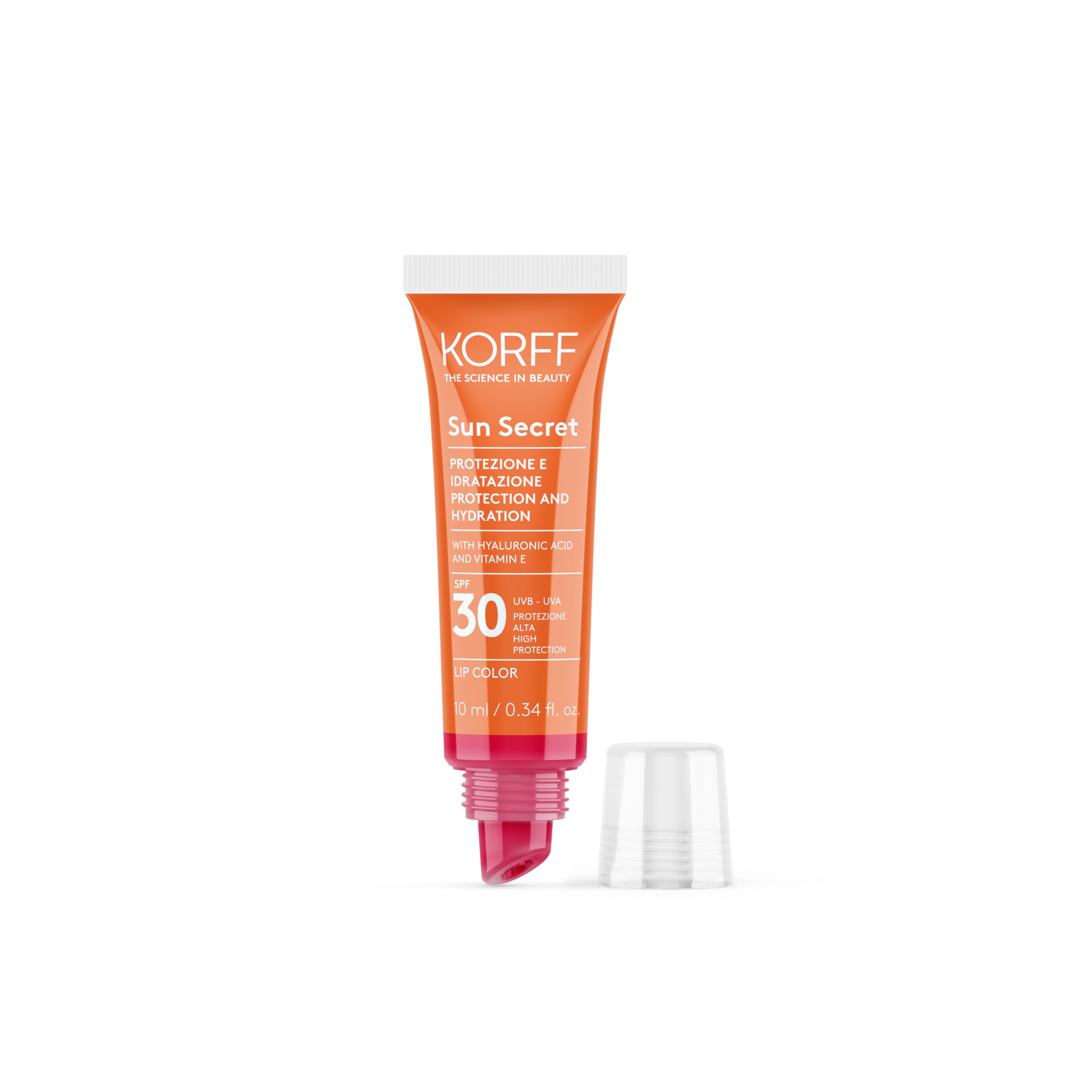 Korff Sun Secret Lip Color SPF30, Protezione Solare Labbra, Effetto Lucido, Acido Ialuronico, Vitamina E e Burro di Karitè, 03 Cherry Red,10 ml