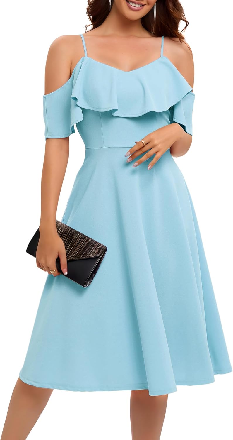 Bbonlinedress Womens Off The Shoulder Cocktail Dress, Formal Wedding Guest Prom Party Homecoming Graduation A-line Midi Dress