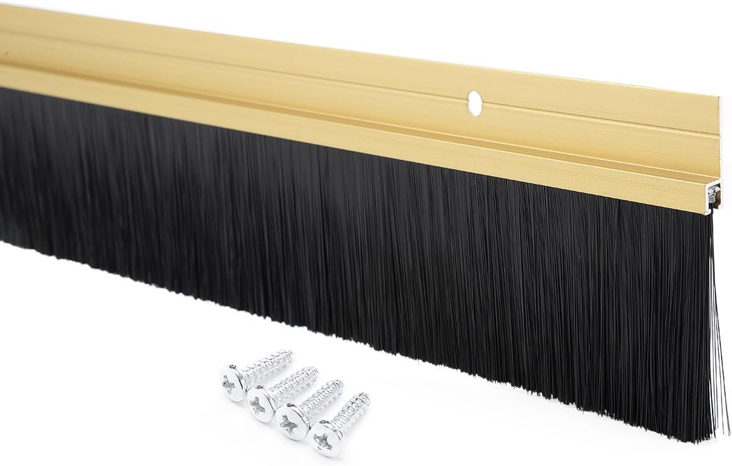 uxcell Barrido inferior de la puerta aleación de aluminio en tono dorado con cepillo suave de silicona PP negro de 2 pulgadas, 39 pulgadas x 2.6