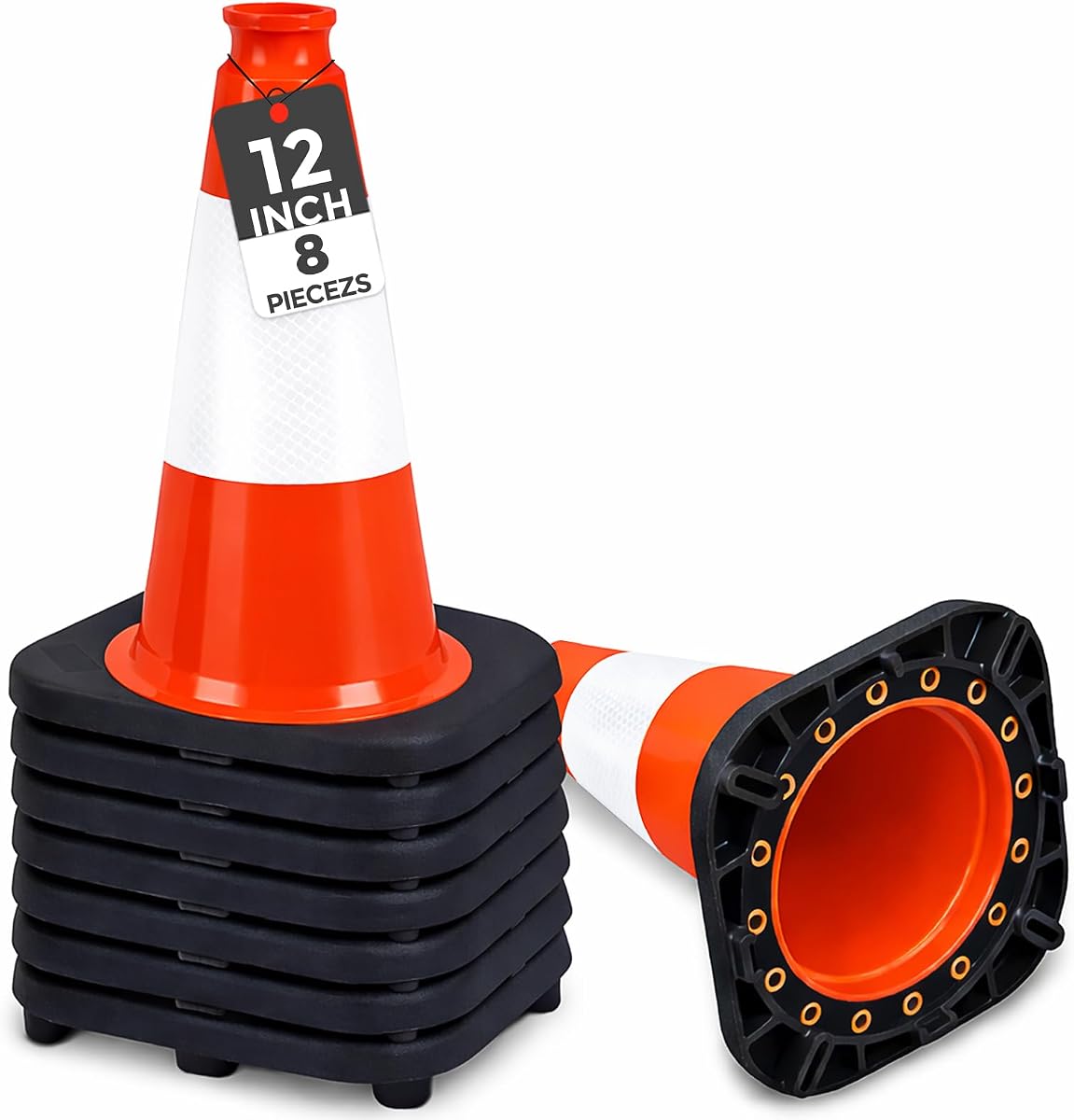 BESEA 12" inch Traffic Cones Soccer Training Cones Sport Cones Road Parking Cone with 4" Highly Reflective Collar(8 Pack)