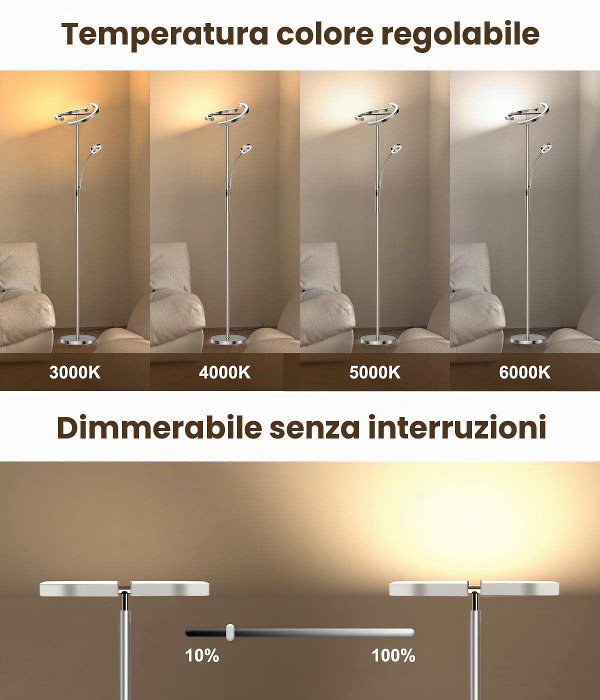ANTENLICHT lampada da terra dimmerabile LED | Lampada da terra argento 20W con lampada da lettura flessibile da 7W | telecomando con 4 temperature di colore per soggiorno, camera da letto, ufficio