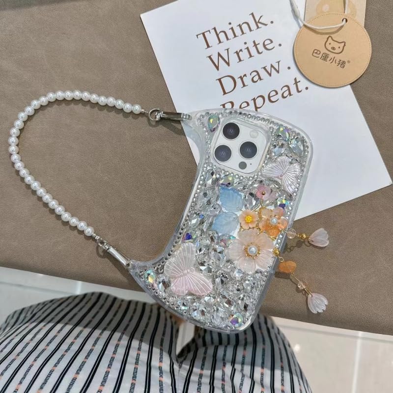 Butterfly Rhinestone Floral Sparkle Protective Shell, Shockproof Cover with Pearl Bracelet Handbag Style for 12 13 14 15 16 17 Pro Max (Blue,for iphone14 pro) image 3