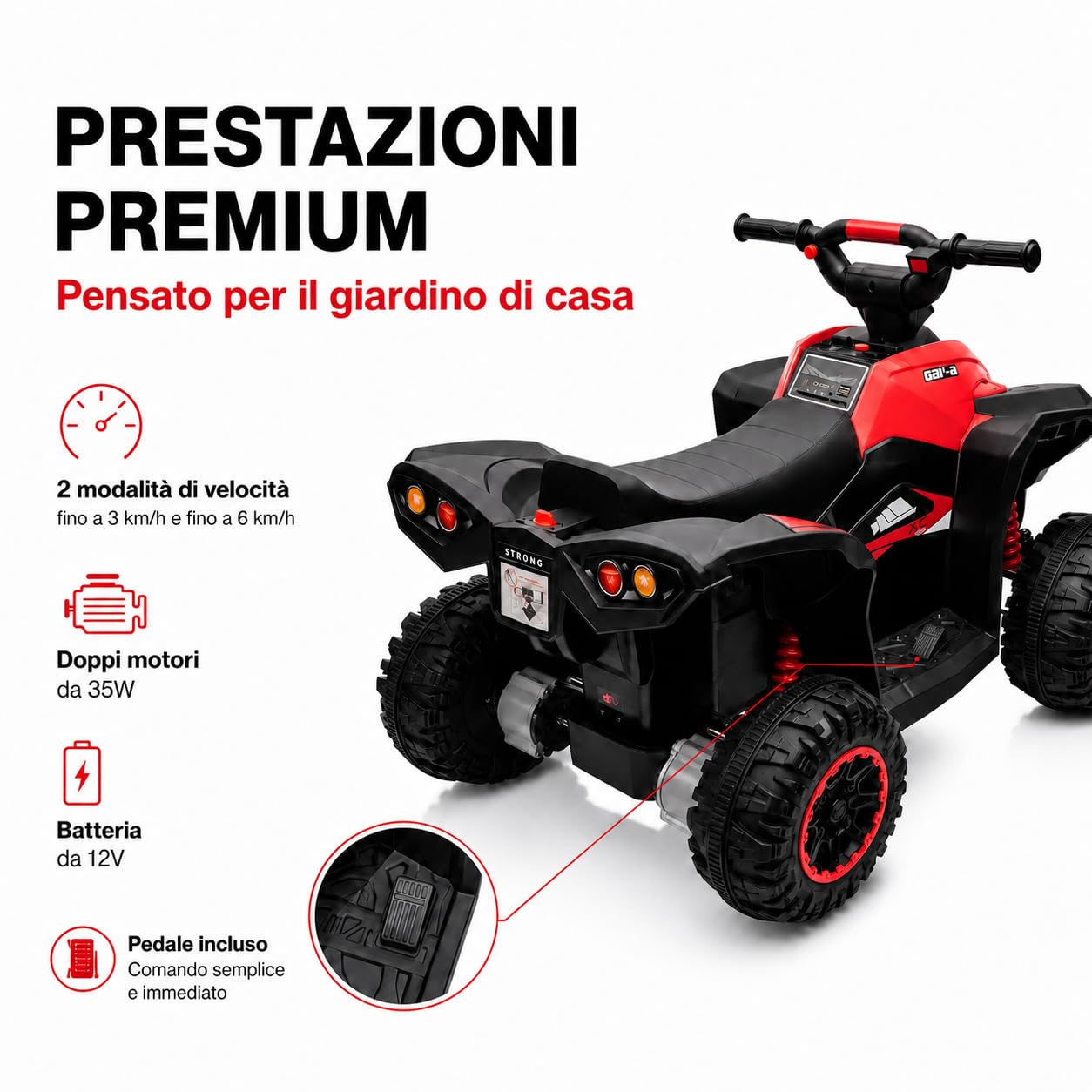TOYSCAR Quad Elettrico per Bambini 12V Falcon X, Quad Bambini 3-5 Anni, 2 Motori 35W, Telecomando, Sedile in Pelle, Fari LED, MP3 USB, Ruote off-Road (Rossa)