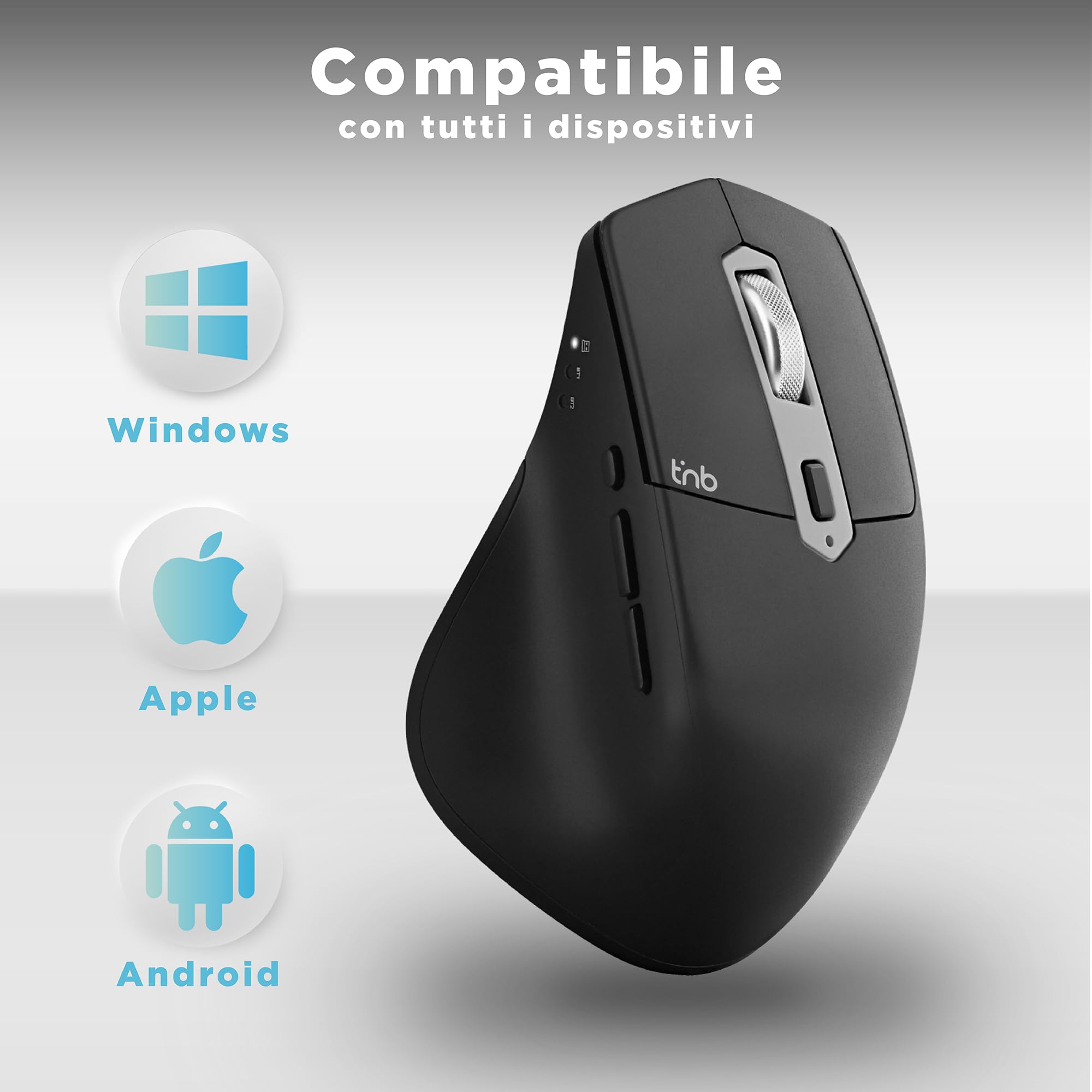 T'nB Mento Mouse 3 Modalità Bluetooth USB A e USB-C Ricaricabile Alta Durata Batteria Alta Precisione 2400 DPI Impugnatura Molto Confortevole Sensazione Naturale 7 Tasti - Nero