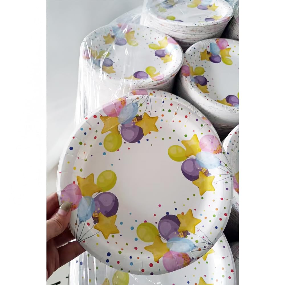 Aromhuset Pappteller 23 cm – 200 Stück – Buntes Ballonmotiv – 14g Stabil – 18 mm Tiefer Rand – Auslaufsicher – Umweltfreundliche Einwegteller für Hochzeiten, Partys & Catering