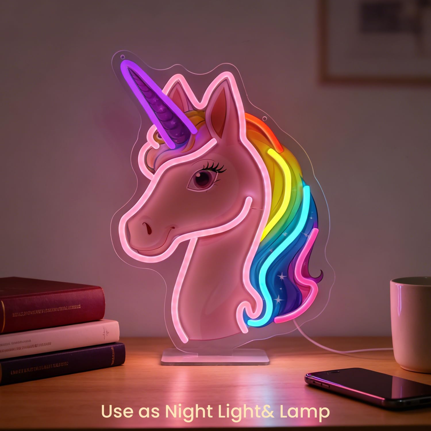 Cartel de neón LED de unicornio, luminoso, luces mágicas de unicornio, cartel de neón iluminado con base para dormitorio, habitación, pasillo, garaje, bar, sala de juegos, hombre, niña, cueva
