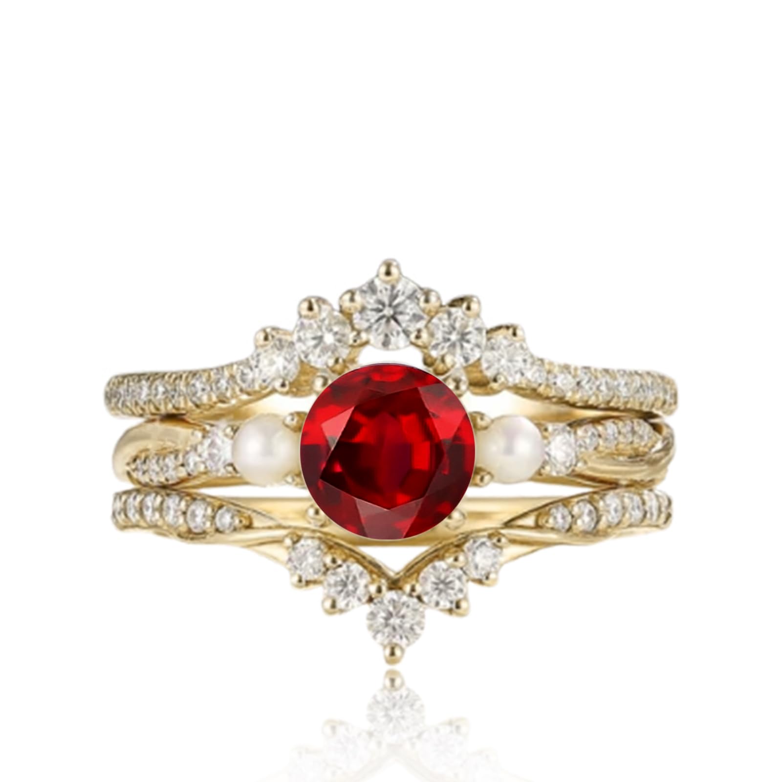 10K 14K 18K Solid Gold Round Shape Gemstone Engagement Ring Set for Women 1 Carat Gemstone Ring with Pearl Vintage Bridal Wedding Rings Set Anniversary Christmas Gift