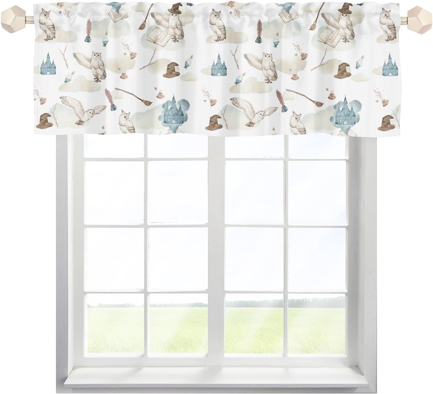 Watercolor Owl Valance Curtains Owl Bird Castle Book Clouds Rod Pocket Short Curtains Fantasy Animal Window Decor Panels for Toddler Nursery Bedroom Living Room Kitchen Bathroom Playmat 1 Pack
