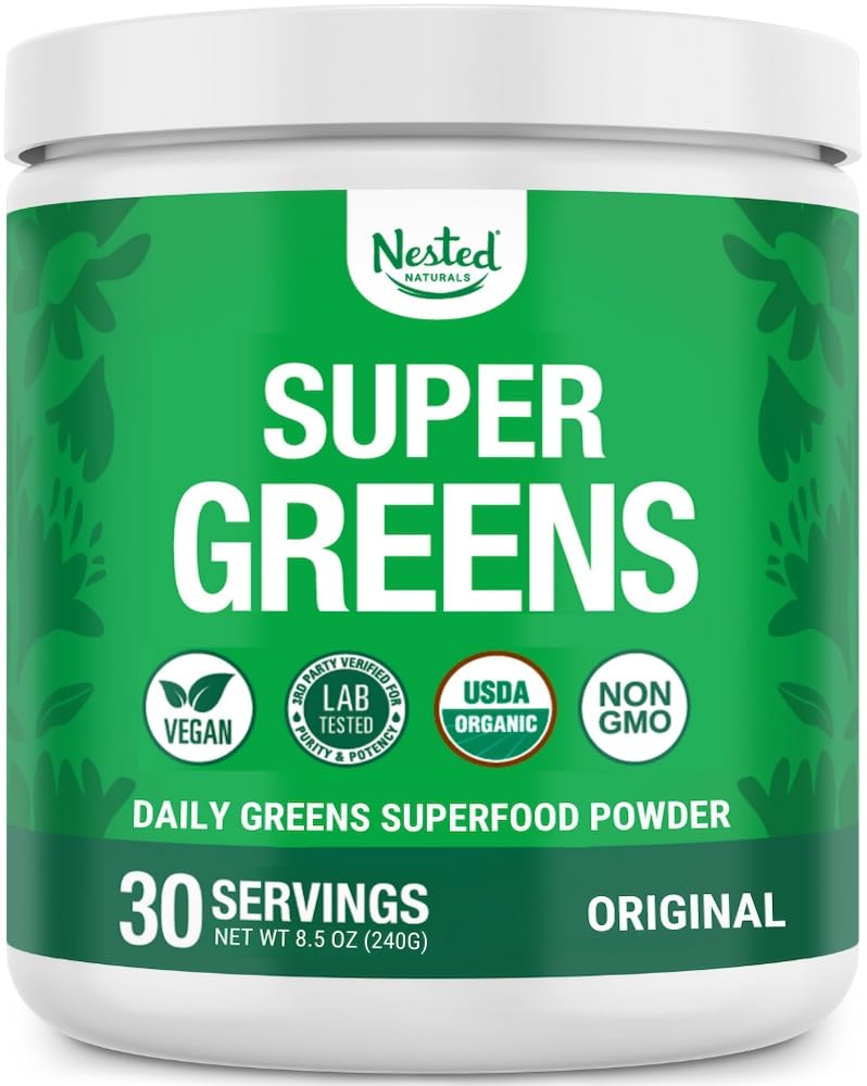 Nested Naturals Super Greens Daily Superfood Powder - Certified USDA Organic Green Powder w/20+ Whole Foods, Spirulina Powder,Wheat & Barley Grass - Probiotics, Fiber & Enzymes - Original Flavour, 30