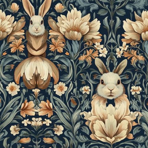 Papel pintado autoadhesivo Conejos Animales Bosque Boho Peonía Floral Tulipán Flores Papel tapiz adhesivo para sala de estar dormitorio papel tapiz art déco impermeable papel tapiz de vinilo con reve