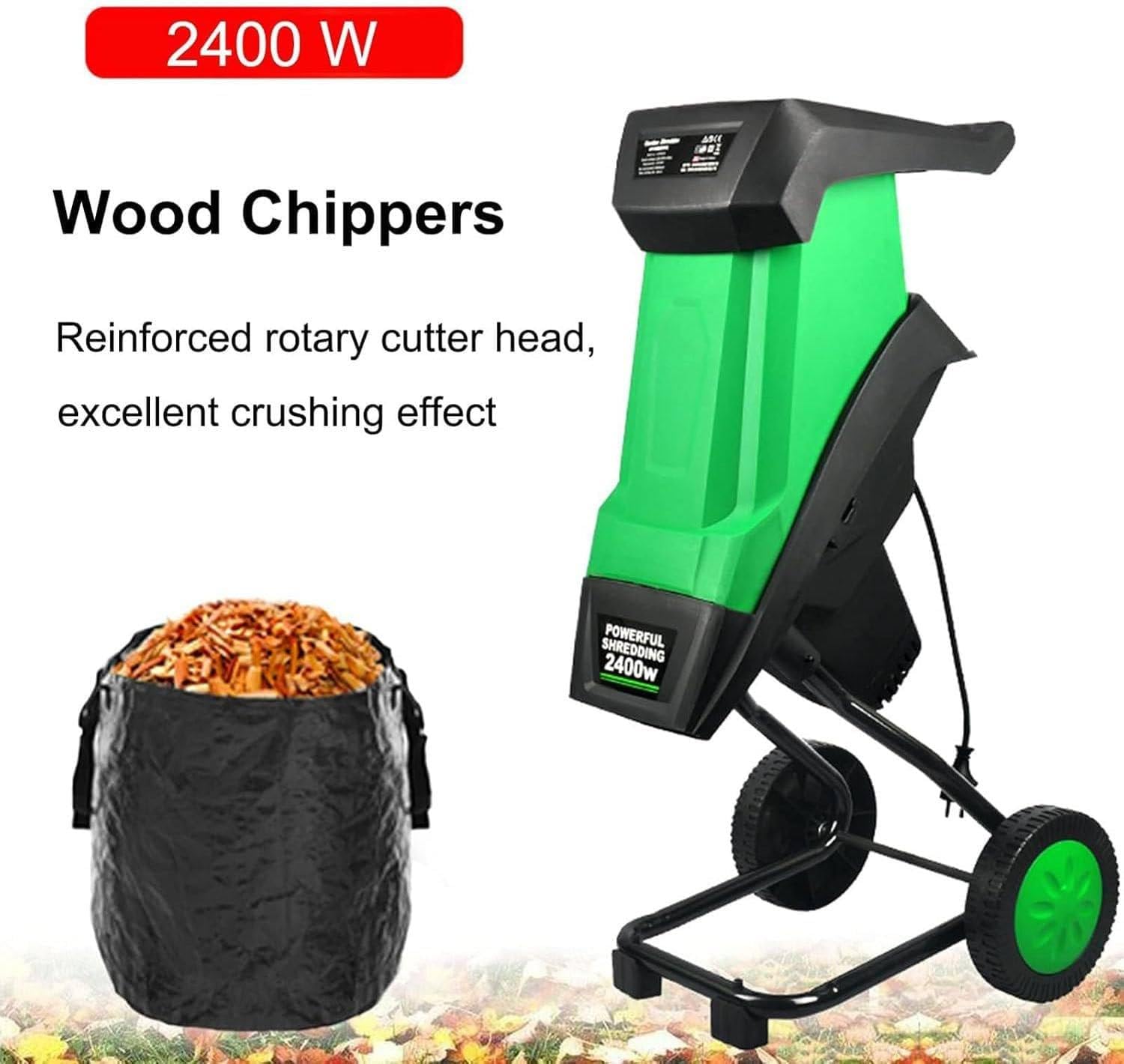 Trituradora De Madera para Jardín, Trituradora De Compost Y Hojas con Ruedas, Bolsa De Almacenamiento De 50 L, 4500 RPM, para Limpieza De Jardines Y Compostaje
