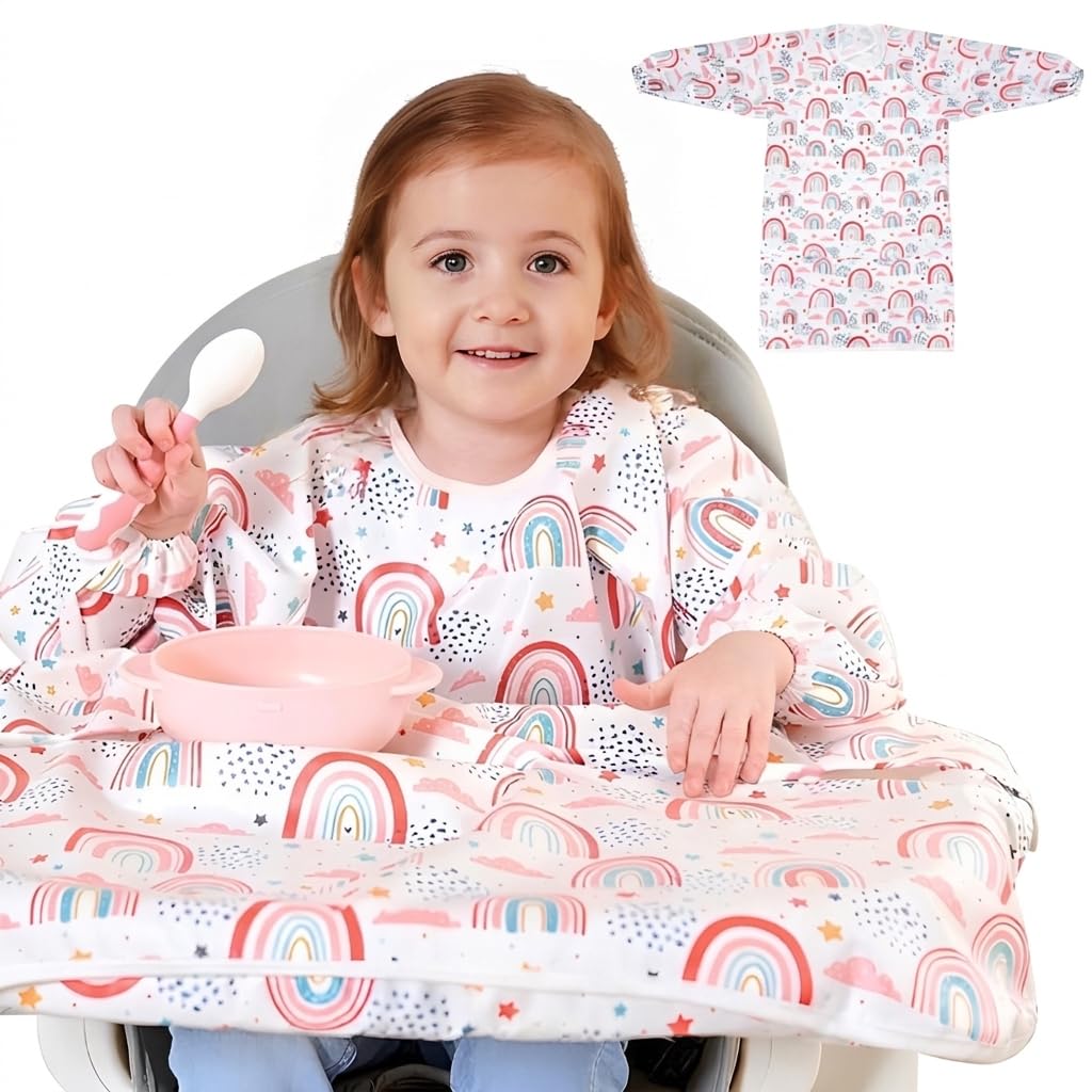 SNOWIE SOFT® Toddlers Apron Waterproof Baby Bibs Long Sleeve Apron with Detachable Hem Adjustable Collar Aged 2-5 Years Old Multipurpose Bib Apron for DIY Painting, Dining Baby Feeding Products (Pink)-image-16