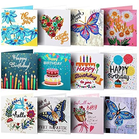 ycyingcheng 12pcs Diamond Painting Greeting Cards, Special Shape Embroidery Kits, Handmade Happy Birthday Greeting Cards with Envelopes for Birthday Thank You Children's Day Kids Gift Cover