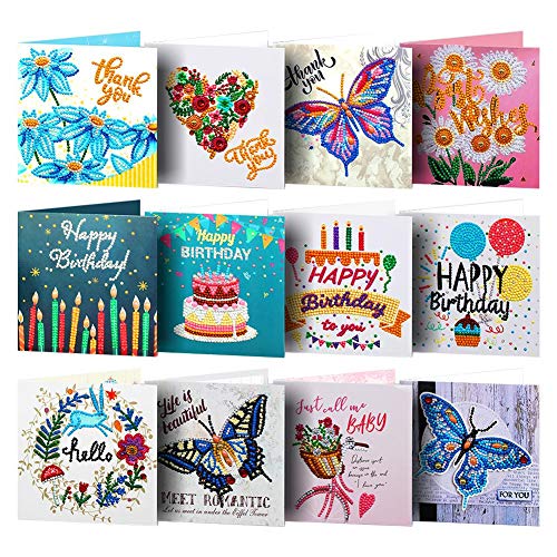 5D DIY Diamond Painting Round Drill Greeting Cards, Creative Christmas Card Holiday Birthday Thank You Card, 12 PCS Rhinestone Embroidery Arts Craft for Family, Friends, Lover