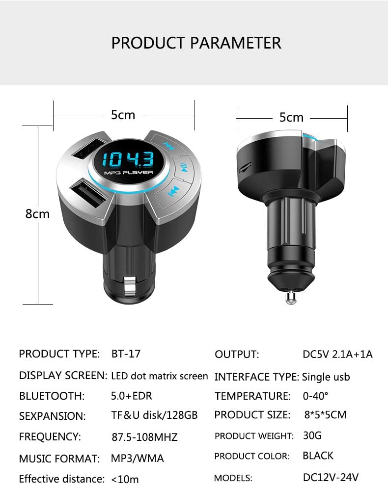 QAE Bluetooth FM Transmitter Wireless Radio Adapter Car Kit with Dual USB 2.1a Charging Car Charger MP3 Player Support TF Card & USB Disk