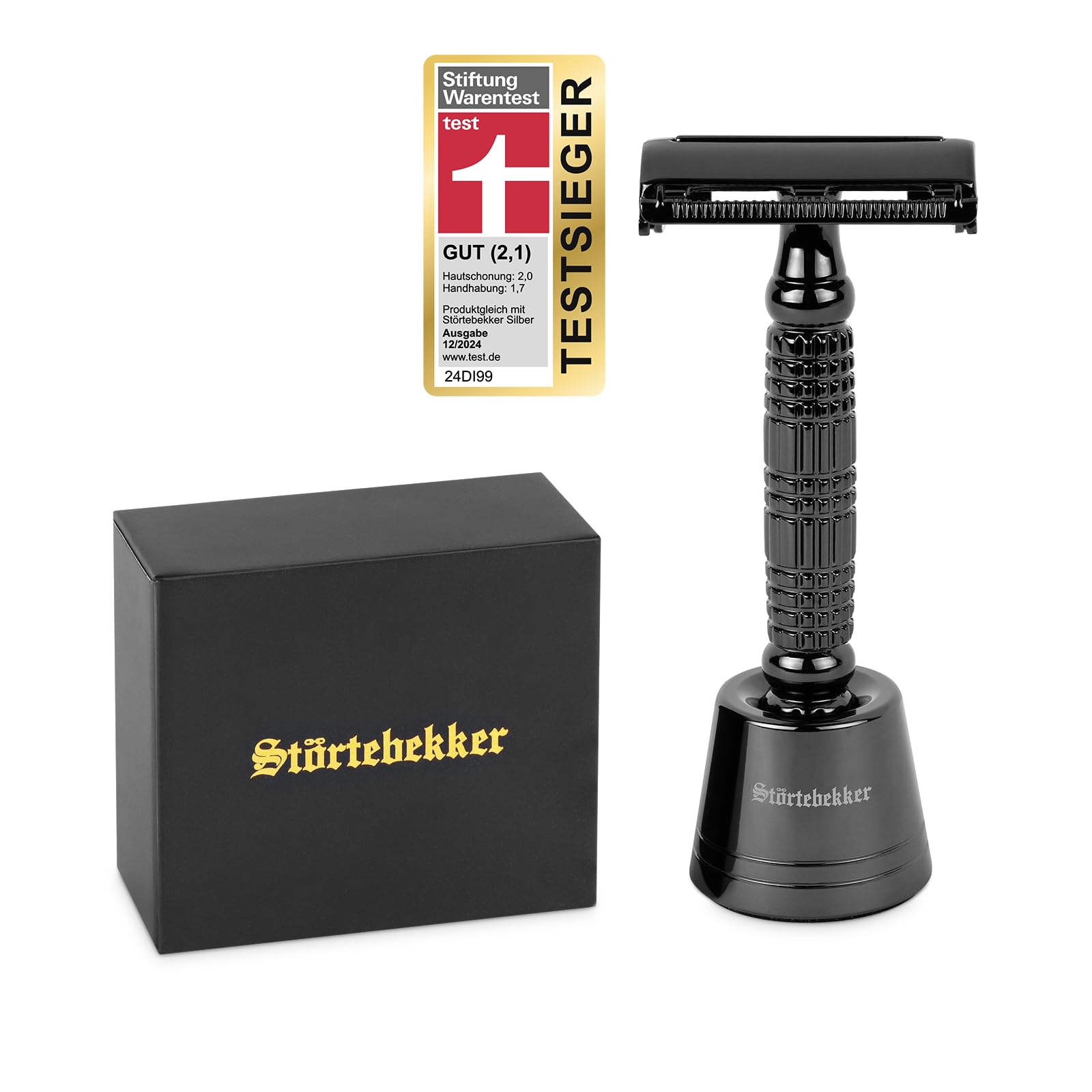 Störtebekker® - Juego de soporte de afeitar pequeño premium con maquinilla de afeitar Störtebekker – Accesorio de afeitado para tu cuarto de baño – Base antideslizante – Idea de regalo (Negro)