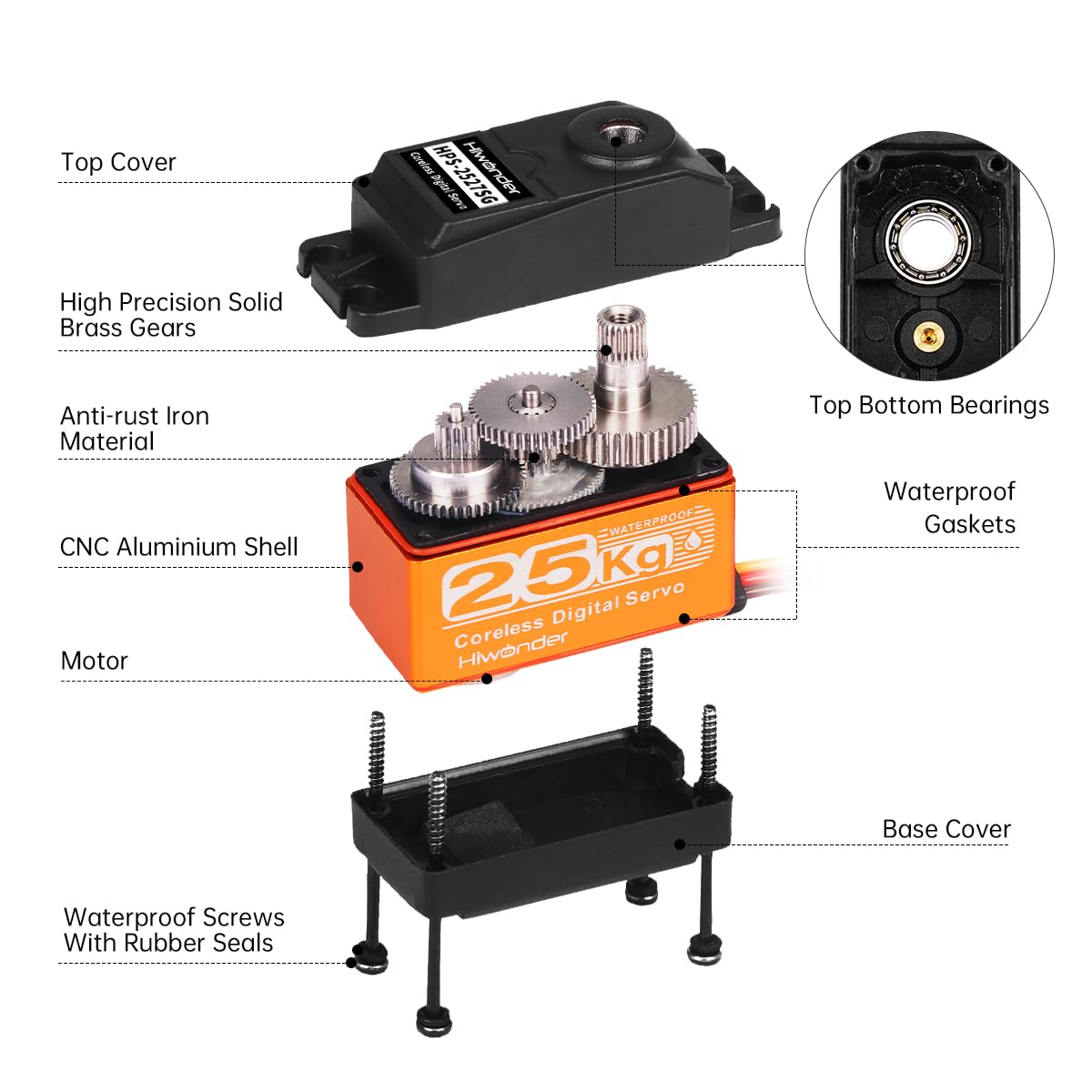 Servomotores RC Servo de alto par de 25 kg, servo de dirección de engranajes de metal completo impermeable para robot de coche RC de 1/6 1/8 1/10 1/12 bricolaje, servo sin núcleo con servo bocina de