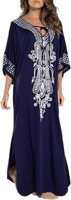 L-Peach Women's Floral Embroidery Kimono Long Dress Maxi Kaftan Summer Beach Boho Cover up Tops