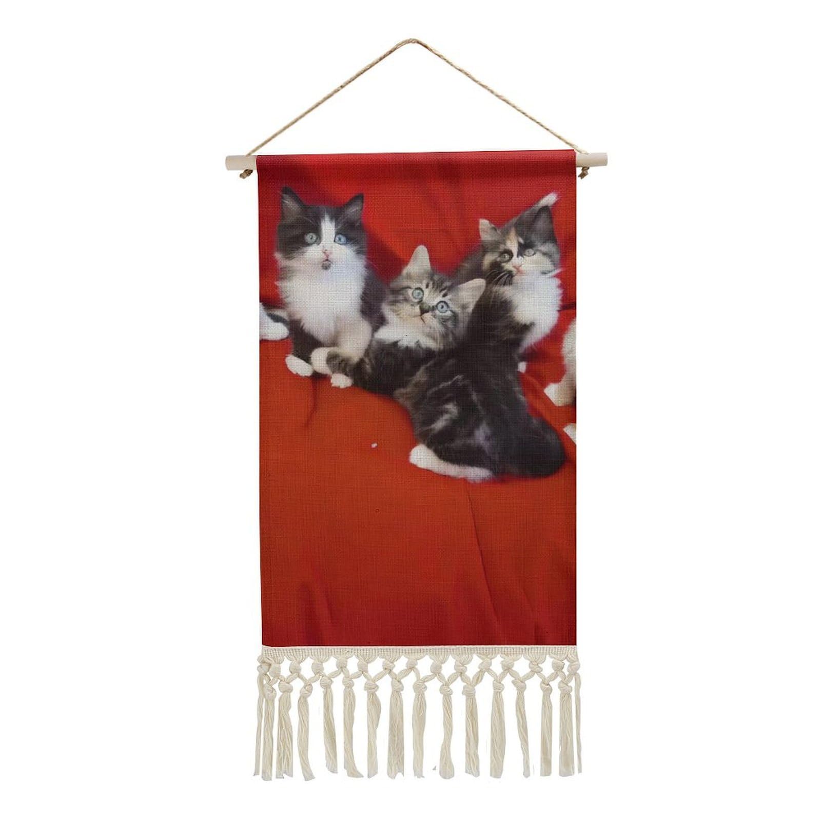 BTCOWZRV Cotton And Linen Hanging Poster with Tassels, Cat Wall Hanging Tapestry Vintage Wall Art Painting Modern Artwork Decoration for Home Decor Ready to Hang 10x19.6 in
