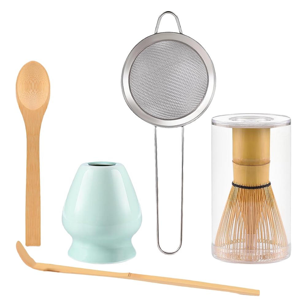 Xnuiasqe As Shown Tea Set 5 Pcs Matcha Kit Including Bamboo Whisk, Ceramic Holder, Bamboo Scoop, Wooden Spoon, Sifter