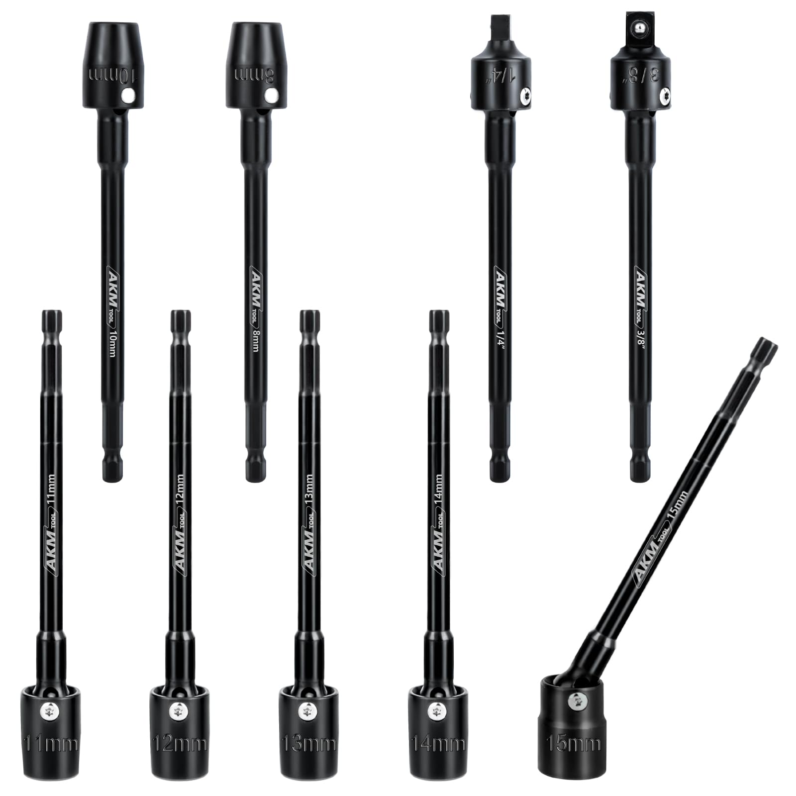 AKM TOOL 9-Piece Long Universal Nut driver set, 6 inch 360°Rotatable Hex Shank Impact Driver Socket Adapter Impact Socket Adapter 150mm 3/8 1/4 Cr-V