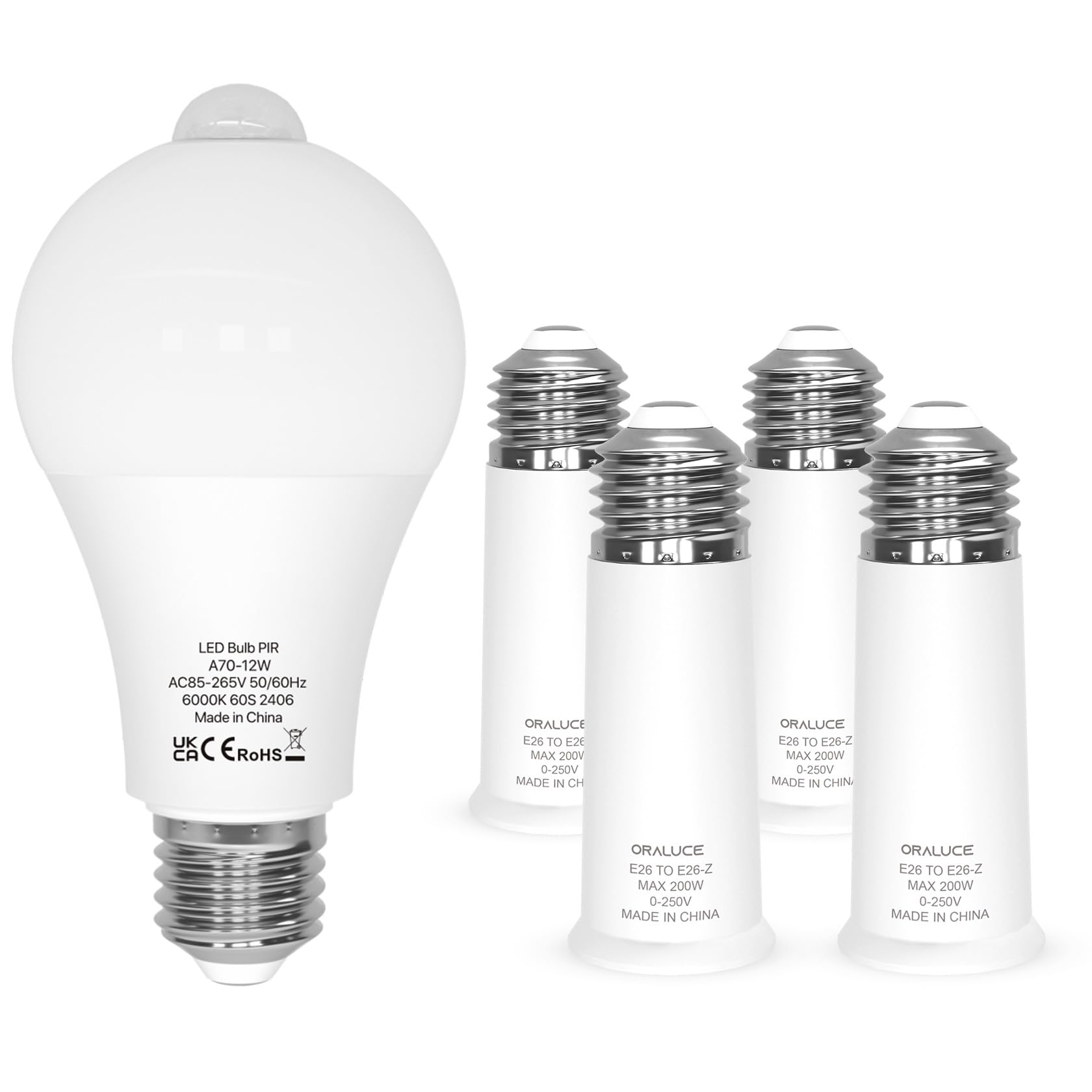 ORALUCE 丨 Bundle - Motion Sensor Light Bulbs 12W Cool White 6000K (Pack of 2) & E26 to E26 Light Bulb Socket Adapter Standard Medium Base (Pack of 4)