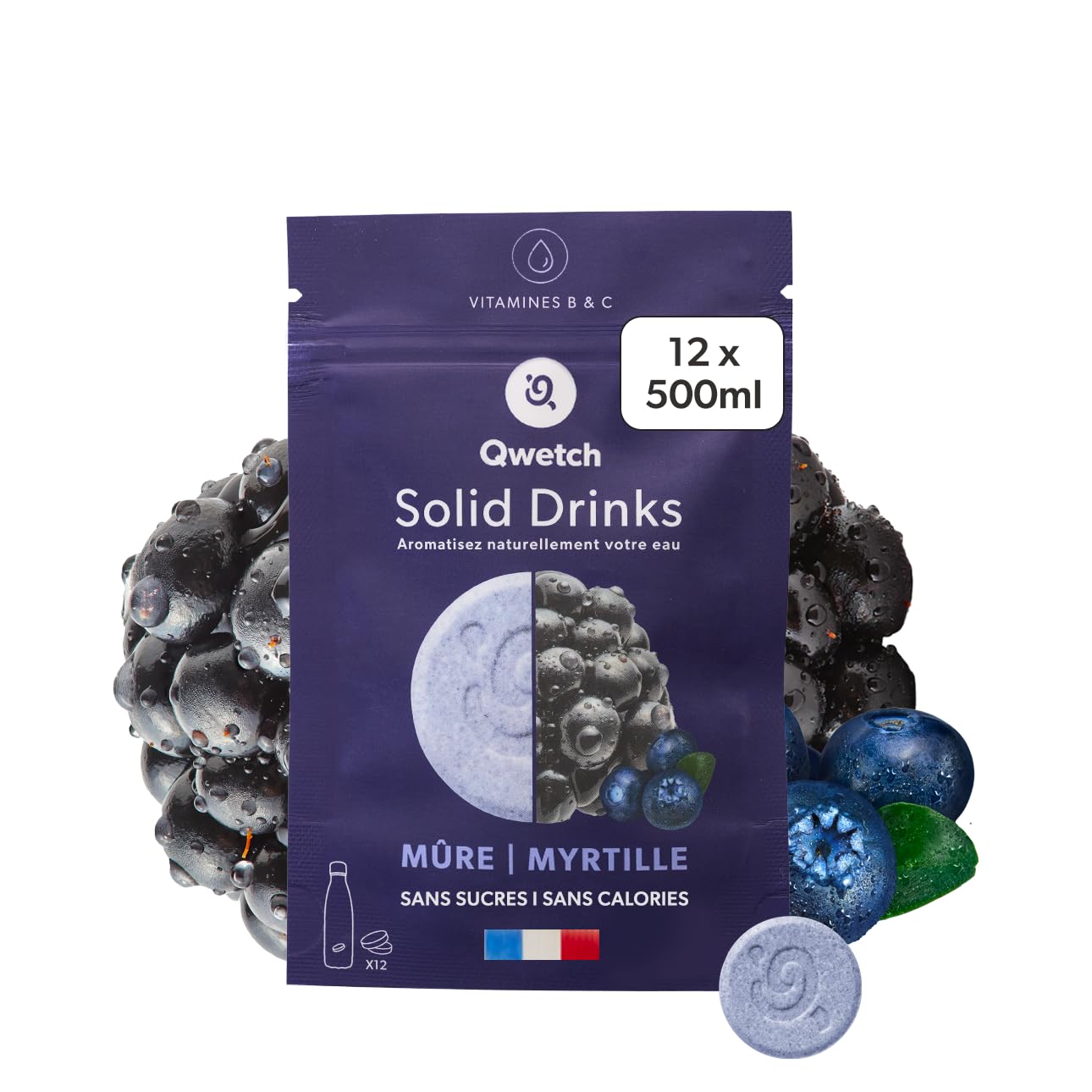 Qwetch – Solid Drinks – Moras y arándanos – Vitaminas C & B – 12 pastillas