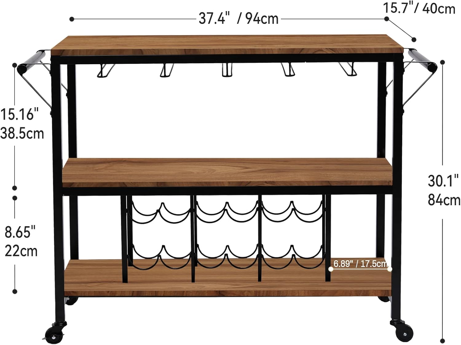 3-Tier Freestanding Wine Rack Table, Bar Carts for The Home with Glass Holder, Mini Home Bar, Industrial Liquor Carts on Wheels, Rustic Wood and Metal Coffee Station for Dining Room, Kitchen - Bar & Serving Carts