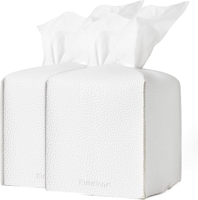 2Pcs Tissue Box Cover Square, Modern Delicate Decorative PU Leather Cube Tissues Covers for Home, Hotel, Car, Office, Restaurant 5"X5"X5" (Pure White)