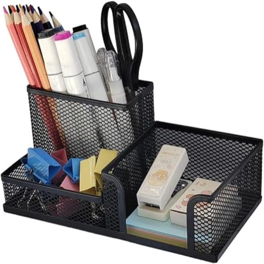 BLACK Metal Mesh 3 Compartment Desk Organizer Pencil Holder