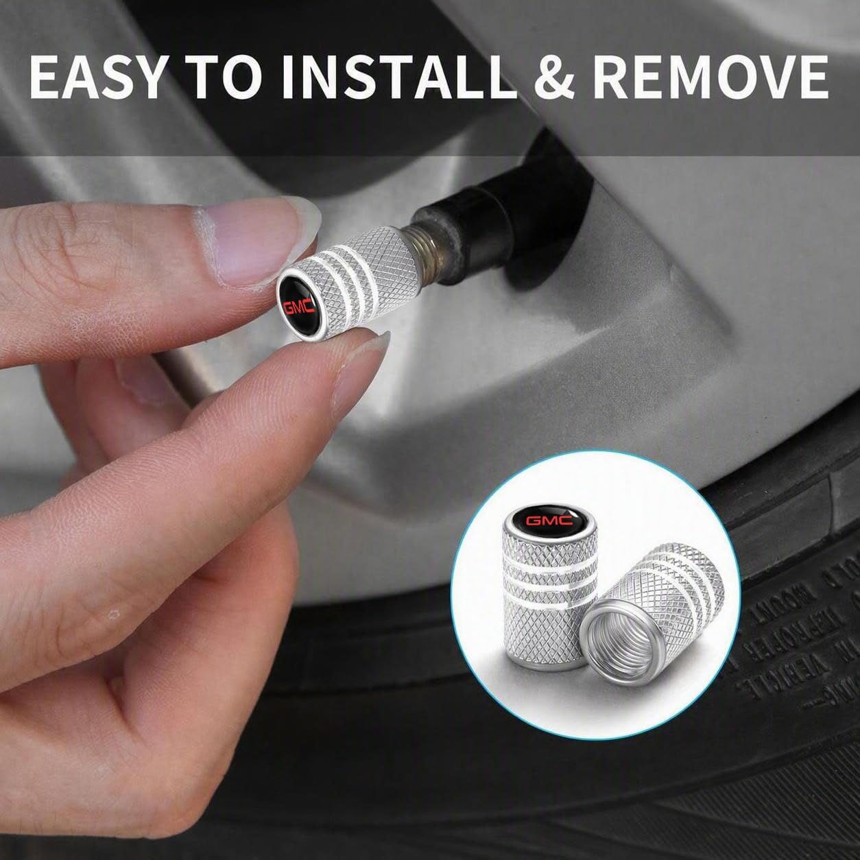 Tire Valve Stem Cap for Chevy GMC Metal Tire Stem Cover with Belt O-Ring Air caps Sports Accessories 4 Pack Silver image 2