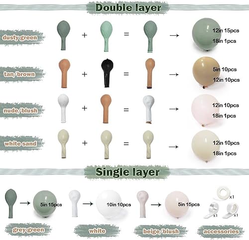 Miniatura 4 de Guirnalda de globos de color verde polvoriento, doble relleno, color marrón rubor, crema, arena, blanco, neutro, mate, kit de arco de globos para