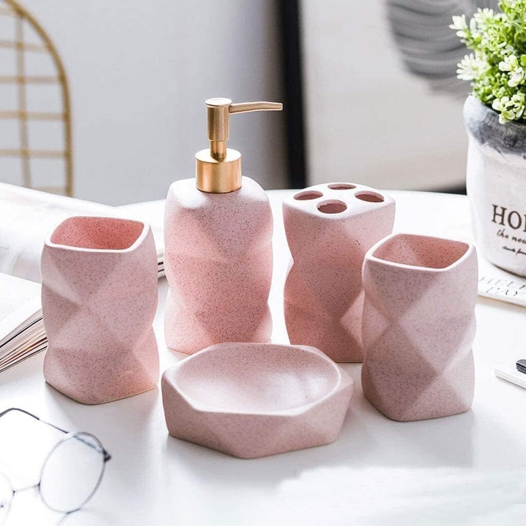 Bathroom Accessories Set Bathroom Accessory Set Design Ceramic Bathroom Accessory Set - Soap Dish soap Dispenser Glass/Toothbrush Holder (Color : Blue Size : 4 Piece Set) (Pink 5 piece set)