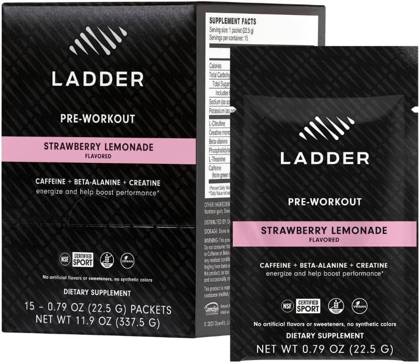 LADDER Sport Pre Workout Powder, Caffeine, Beta-Alanine, Creatine, Theanine, Clean Energy with No Artificial Sweeteners, NSF Certified for Sport (Strawberry Lemonade Packet)