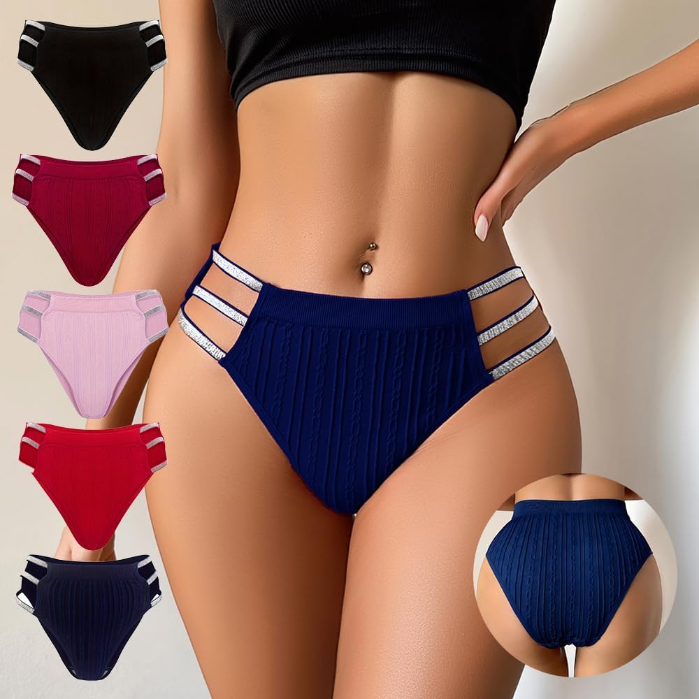JUNELLA 5 Pcs Shiny Waistband Women's Low Rise Panties, Ribbed Cotton, Multicolour Sexy Hollow Out Hipster Panties - Image 2