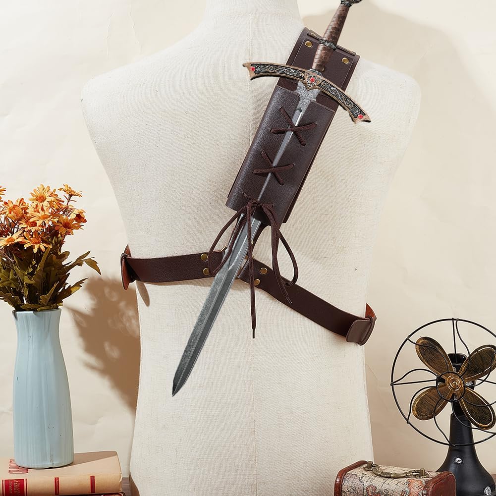 GORGECRAFT Medieval Leather Shoulder Sword Holder Renaissance Sword Dagger Frog Adjustable PU Leather Sheath Holster Crossbody Belt Strap Retro LARP Warrior Costume Carry Case for Adult Men Halloween - Image 4