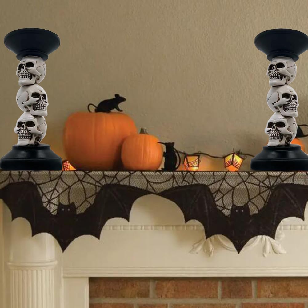 Halloween czarny świecznik filarowy, 3 czaszki, szkielet, upiorny dekoracja, świecznik, czarne stożkowe świeczniki, na Halloween, Boże Narodzenie, kominek, kominek, gotycka, dekoracja,