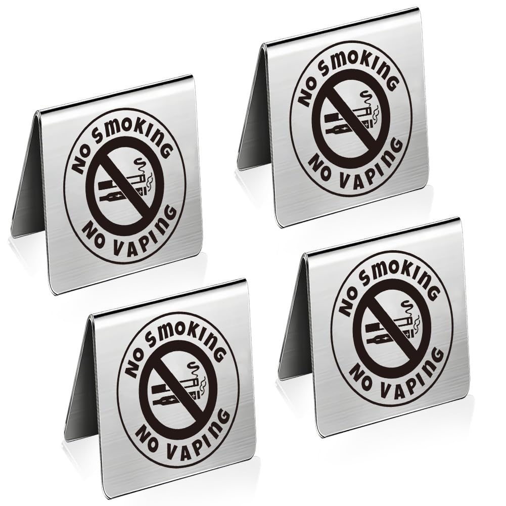 PRESSINART No Smoking Table Sign for Business Stainless Steel Double Sided 4Pcs Stainless Steel Tent Sign 1.97 x 1.97 Inch, No Vaping Warning Indicators, For Restaurant Office Hotel Hospitals Clubs